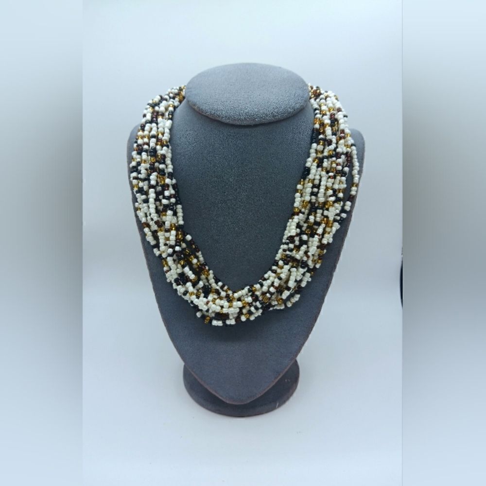 Black Gold White Glass Seed Bead Multi Layer Strand Boho Necklace 